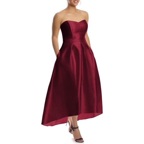 alfred sung burgundy dress Alfred Sung D815 Draped One-shoulder Satin Maxi Dress With Pockets  YDG